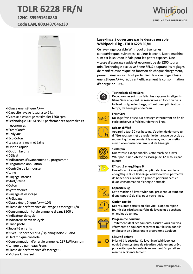 Página 1 del manual Ficha técnica Whirlpool TDLR 6228