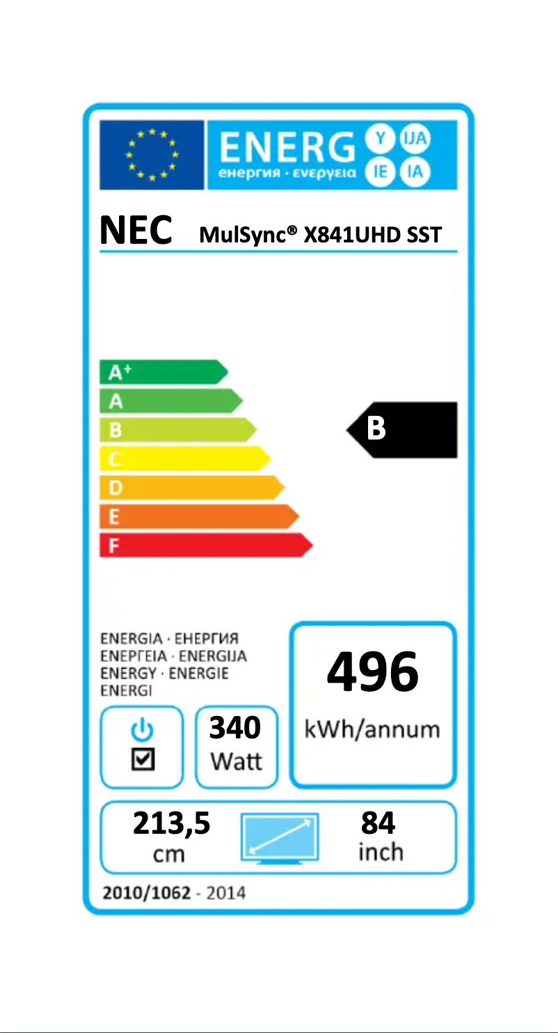 Page 1 de la notice Label énergétique NEC MultiSync X841UHD SST