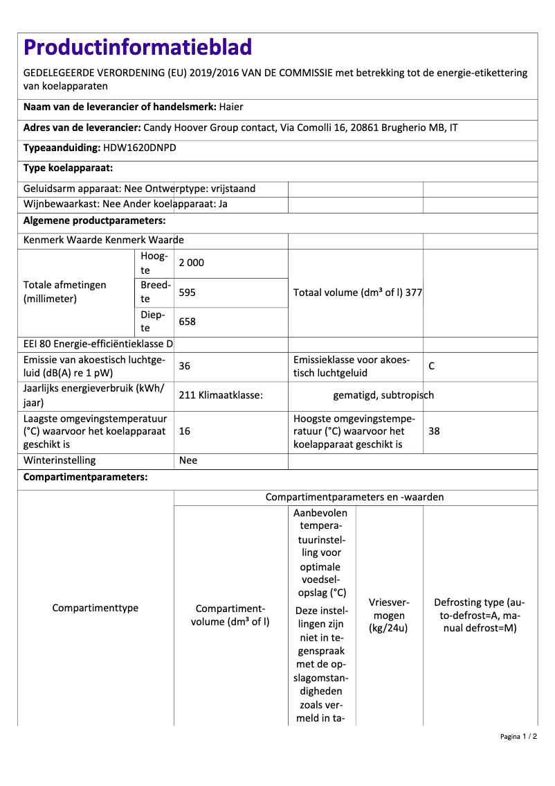 Page n°1 - Fiche technique Haier HDW1620DNPD
