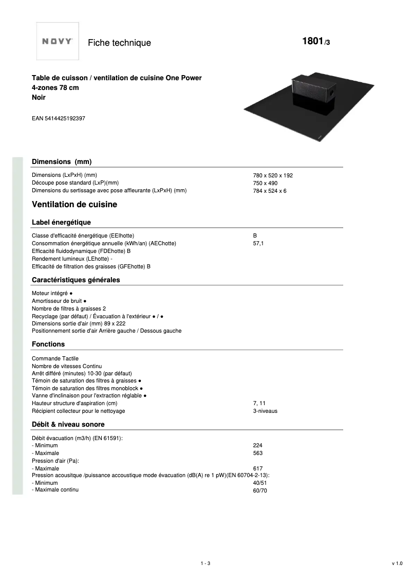 Page 1 de la notice Fiche technique Novy One Power 1801