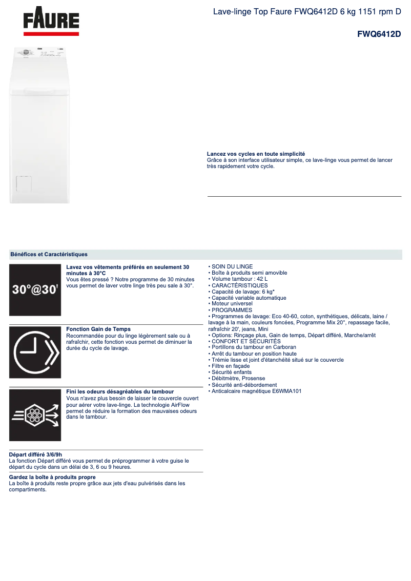 Page n°1 - Fiche technique Faure FWQ6412D
