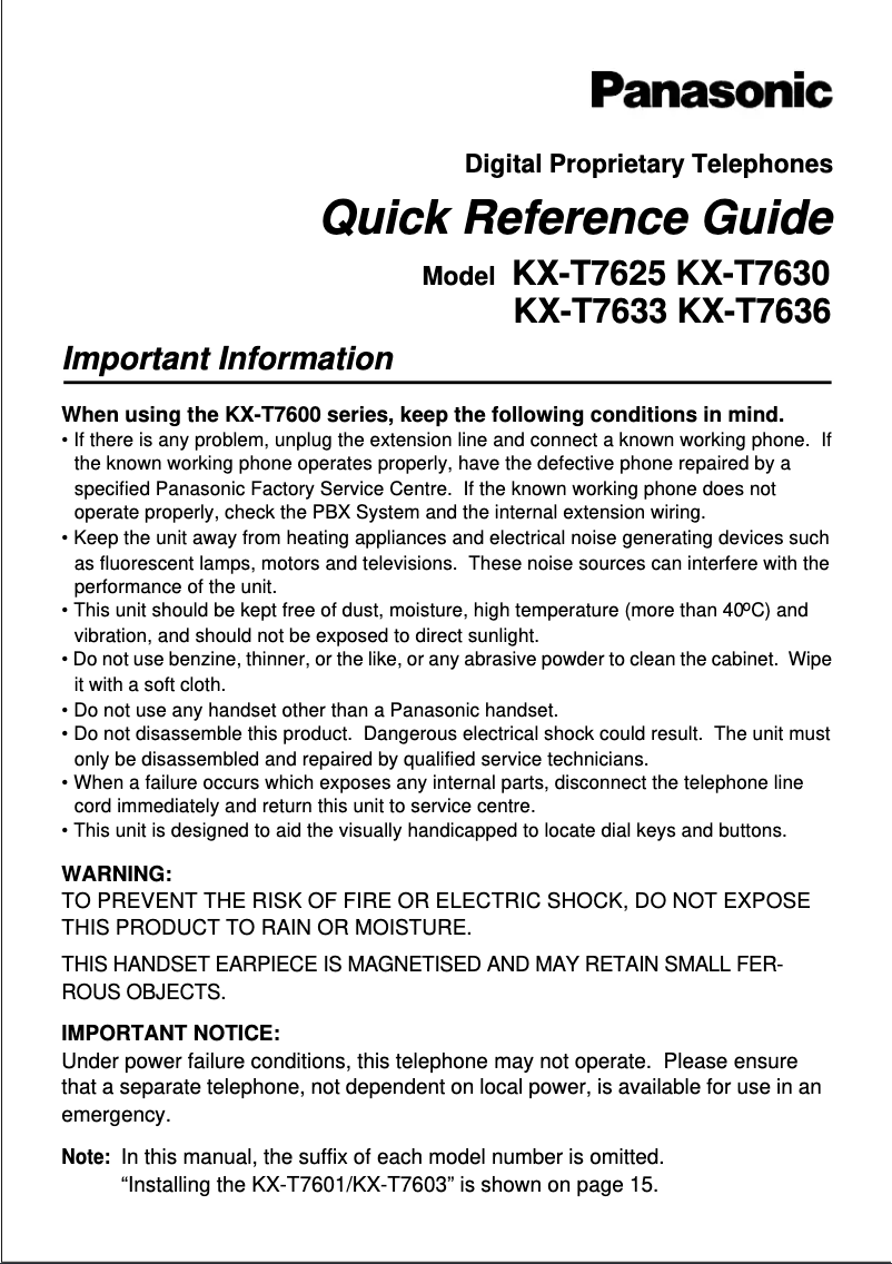 Page 1 de la notice Manuel utilisateur Panasonic KX-T7630