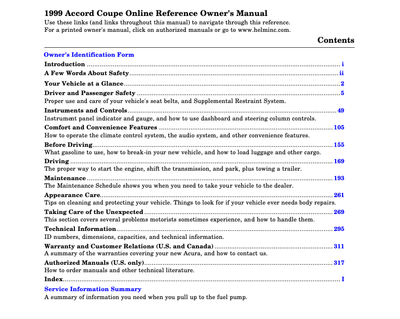 Página 1 del manual Manual de usuario Honda Accord Sedan (1999)