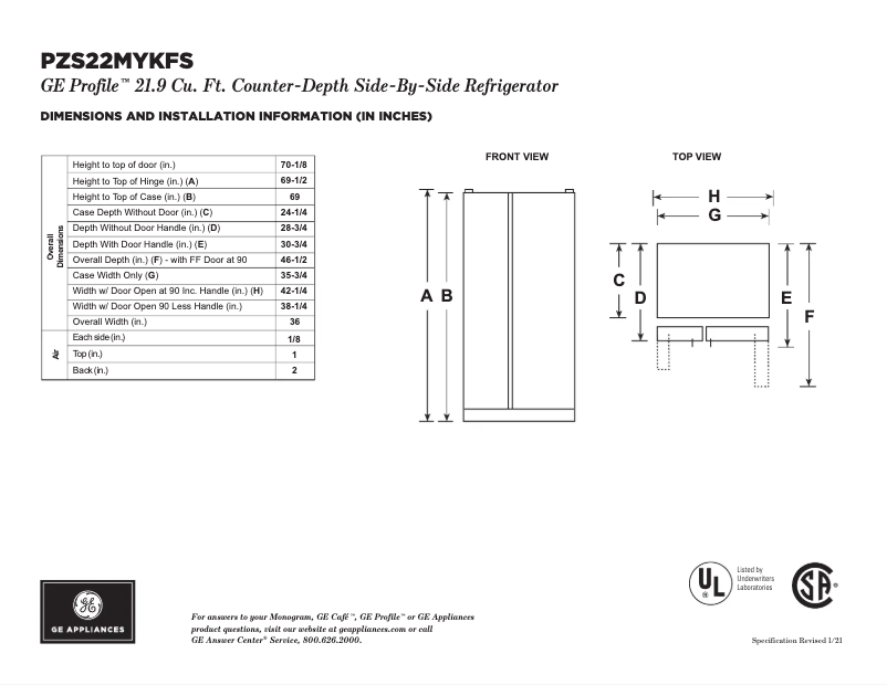 Page 1 de la notice Fiche technique GE Profile PZS22MYKFS