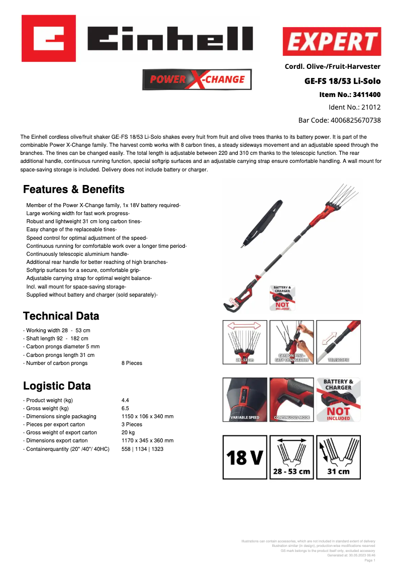 Page 1 de la notice Fiche technique Einhell GE-FS 18/53 Li