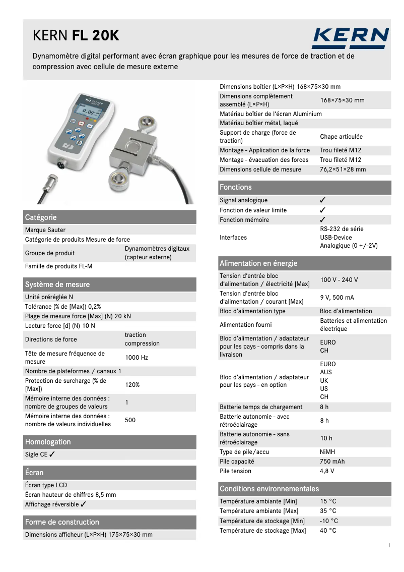 Page 1 de la notice Fiche technique Kern FL 20K
