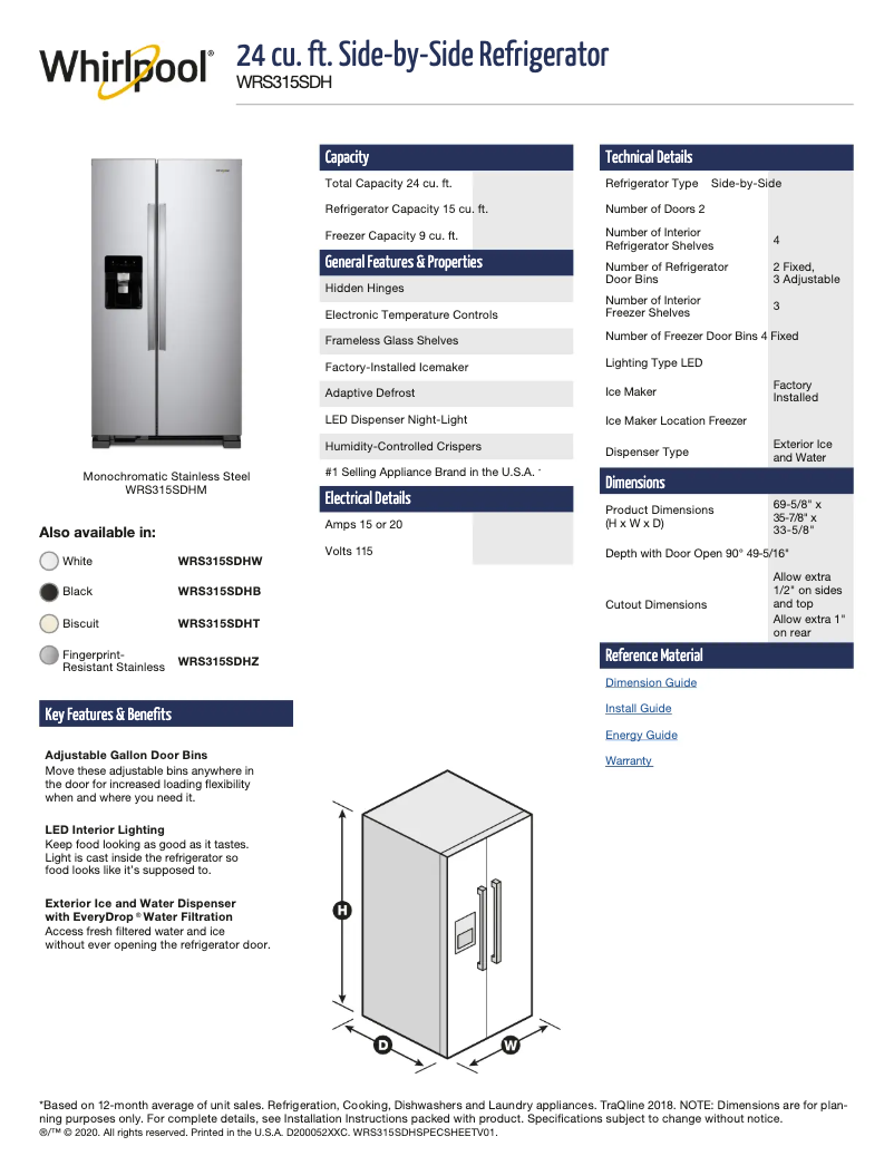 Page 1 de la notice Fiche technique Whirlpool WRS315SDHT