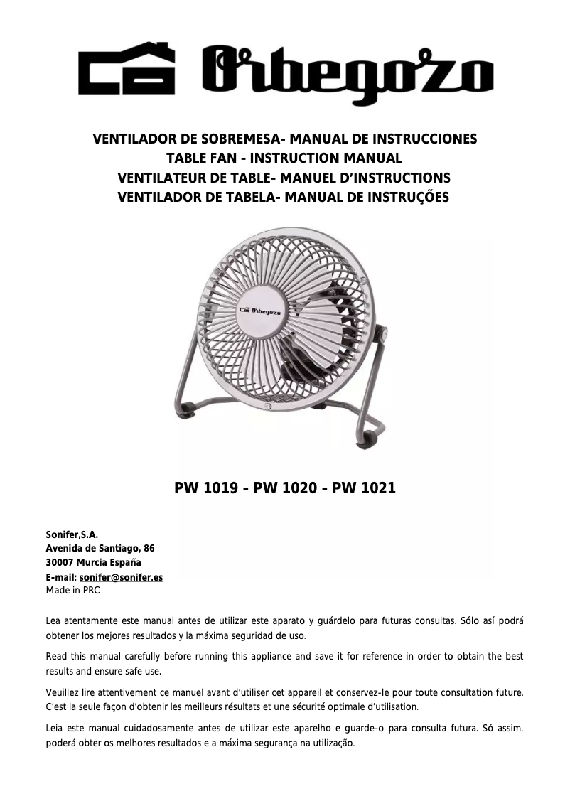 Page 1 de la notice Manuel utilisateur Orbegozo PW 1019