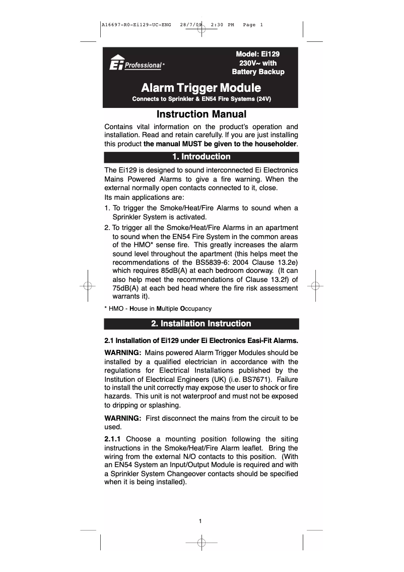 Page 1 de la notice Manuel utilisateur Ei Electronics Ei129