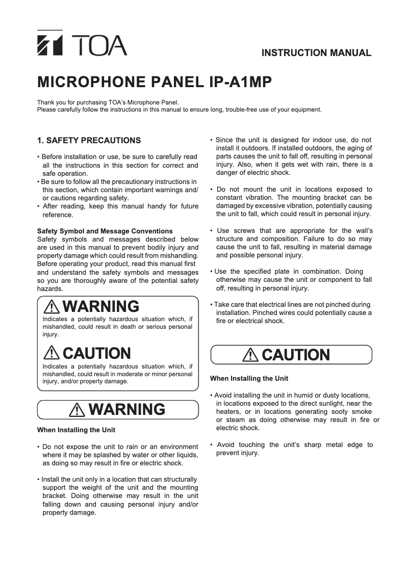 Page n°1 - Manuel utilisateur TOA IP-A1MP