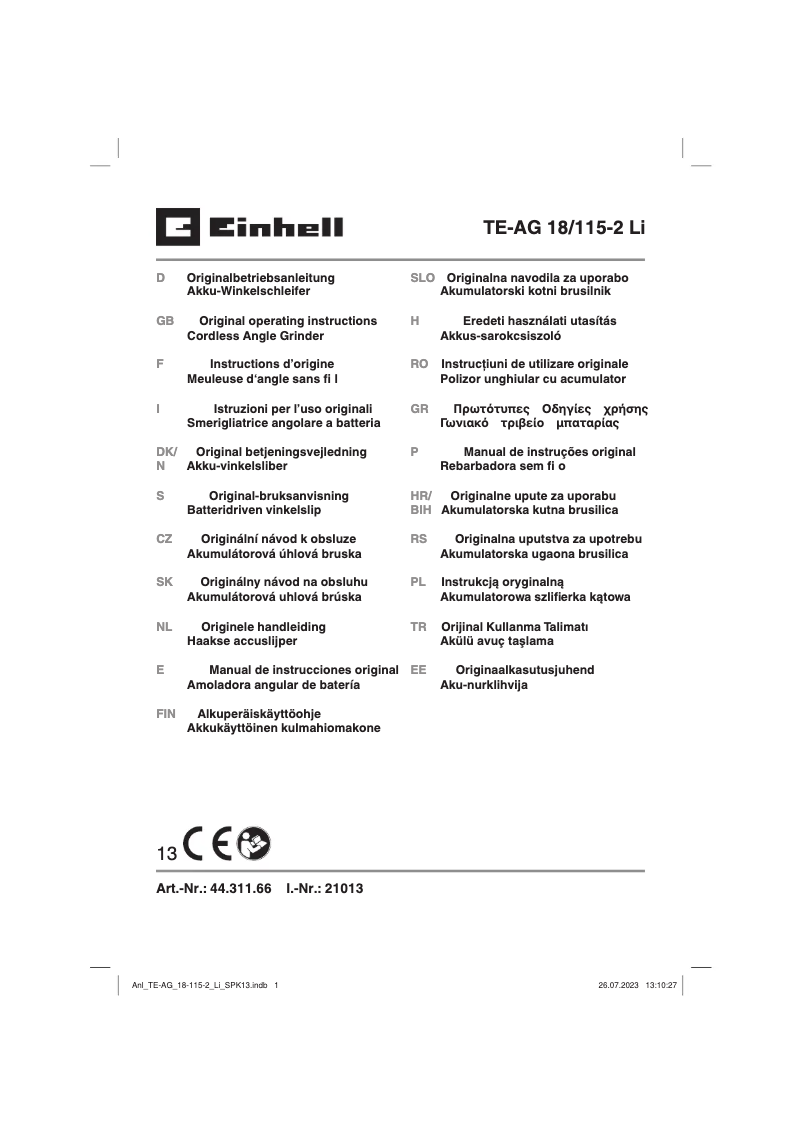 Image de la première page du manuel de l'appareil TE-AG 18/115-2 Li