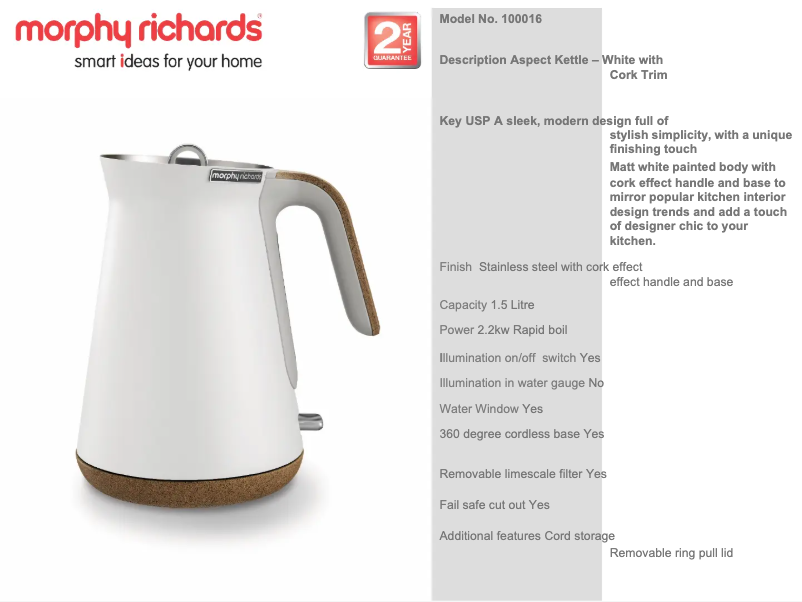 Page 1 de la notice Fiche technique Morphy Richards Aspect 100016