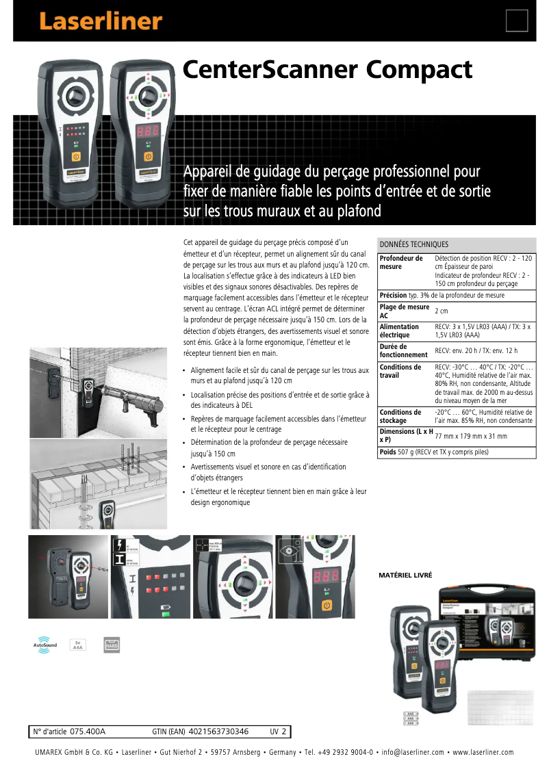Page 1 de la notice Fiche technique Laserliner CenterScanner Compact