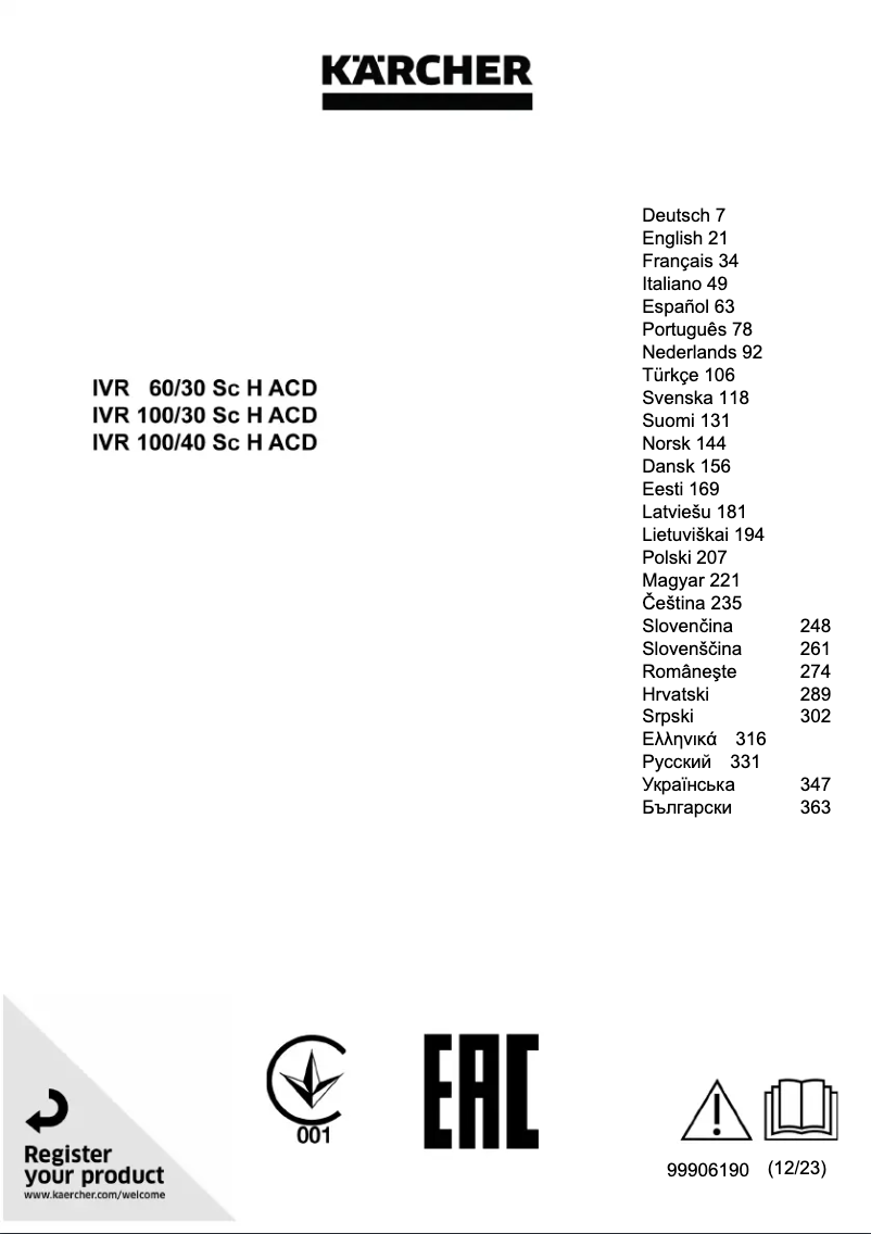 Page 1 de la notice Manuel utilisateur Kärcher IVR 100/40 Sc H ACD