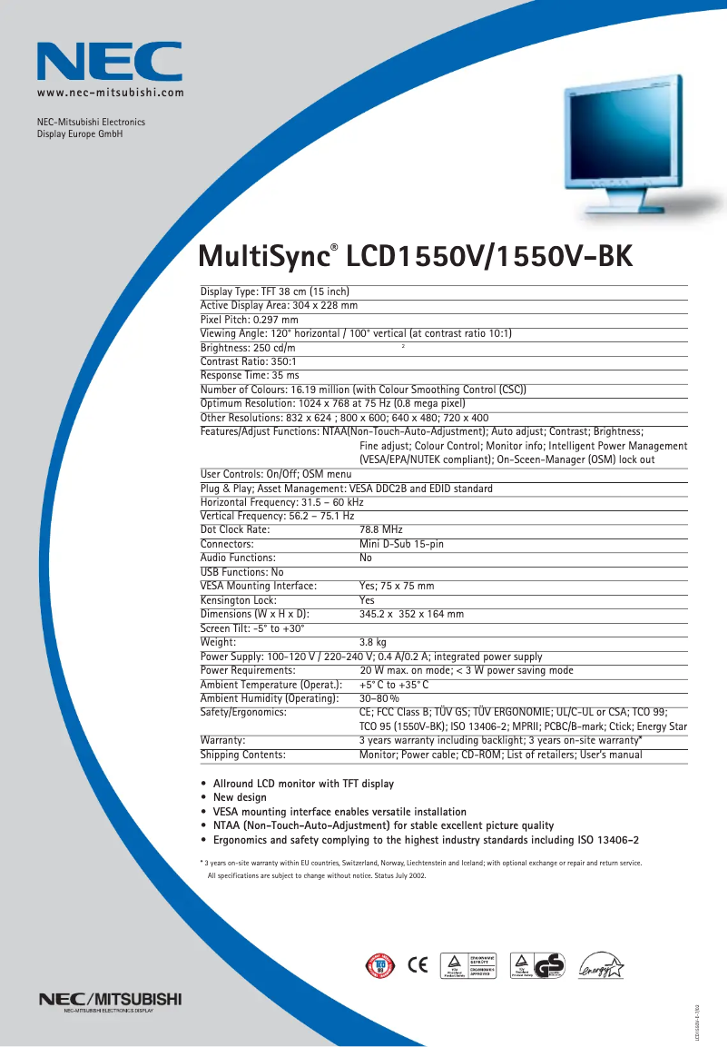 Imagen de la primera página del manual del dispositivo MultiSync LCD1550V