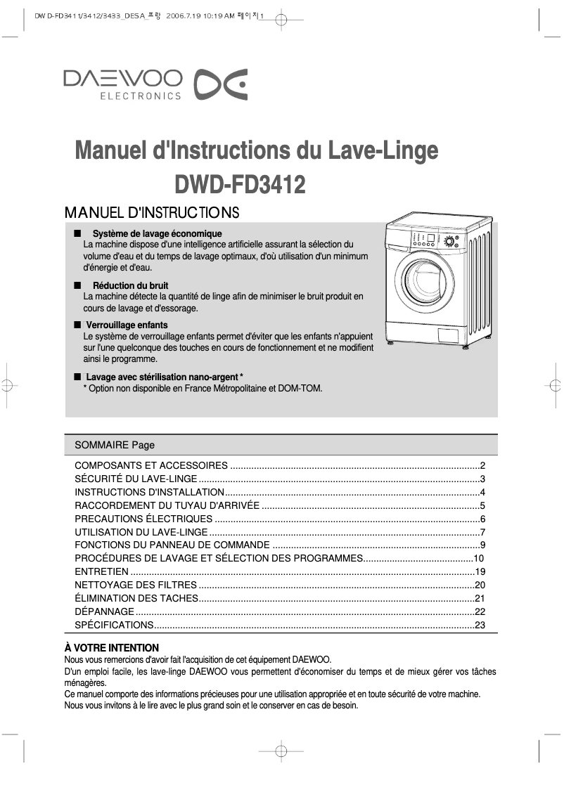 Page n°1 - Manuel utilisateur Daewoo DWD-FD3412