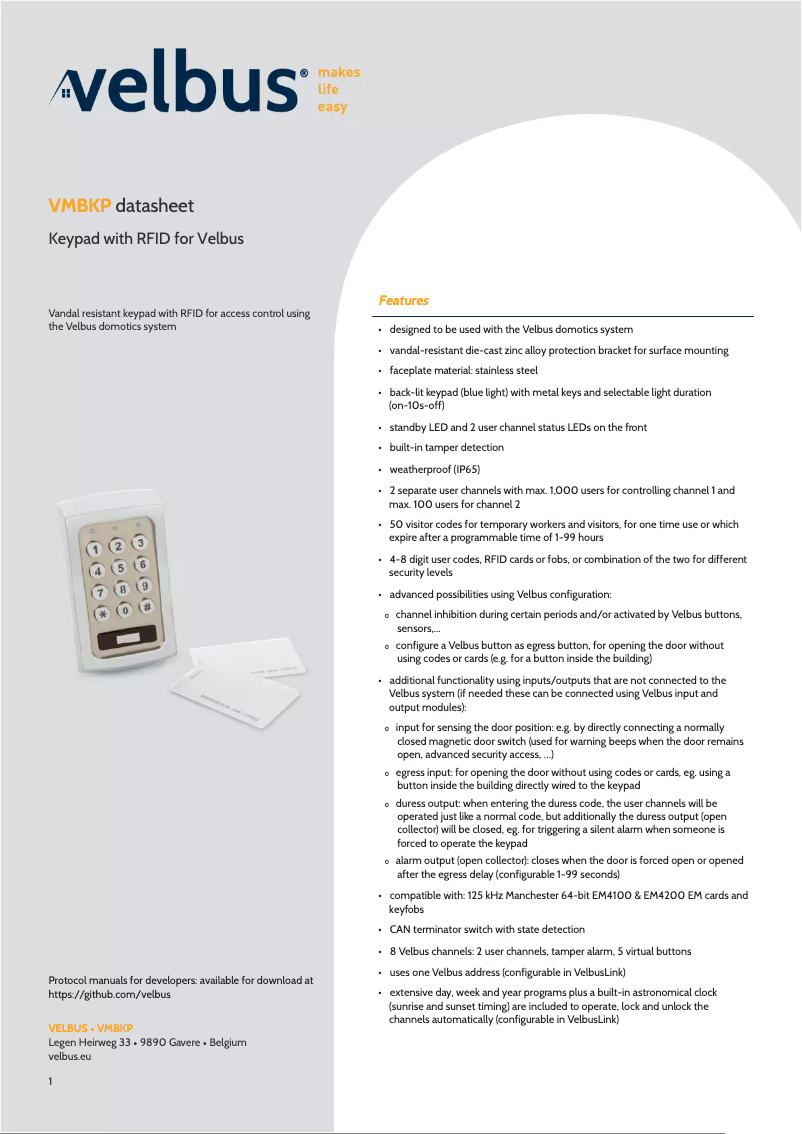 Page n°1 - Fiche technique Velbus VMBKP