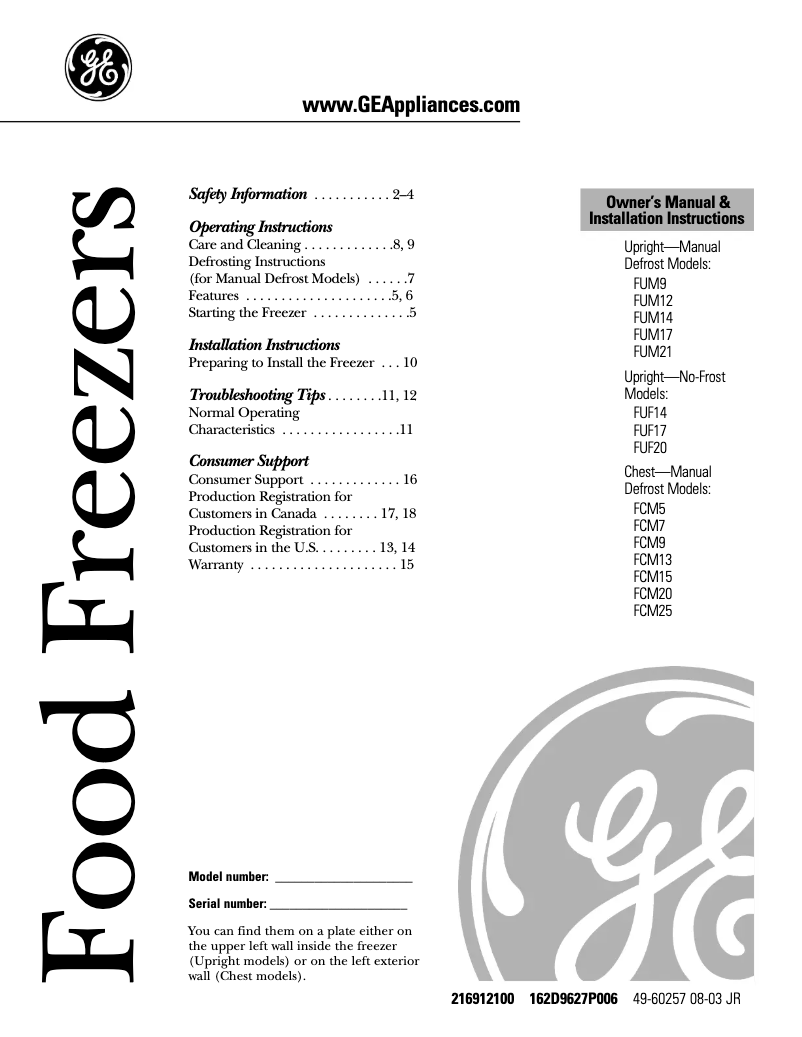 Page 1 de la notice Manuel d'utilisation et d'entretien GE FUM9HDPRWH