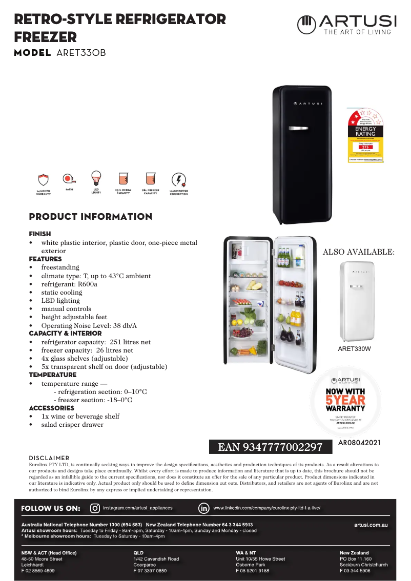 Page 1 de la notice Fiche technique Artusi ARET330