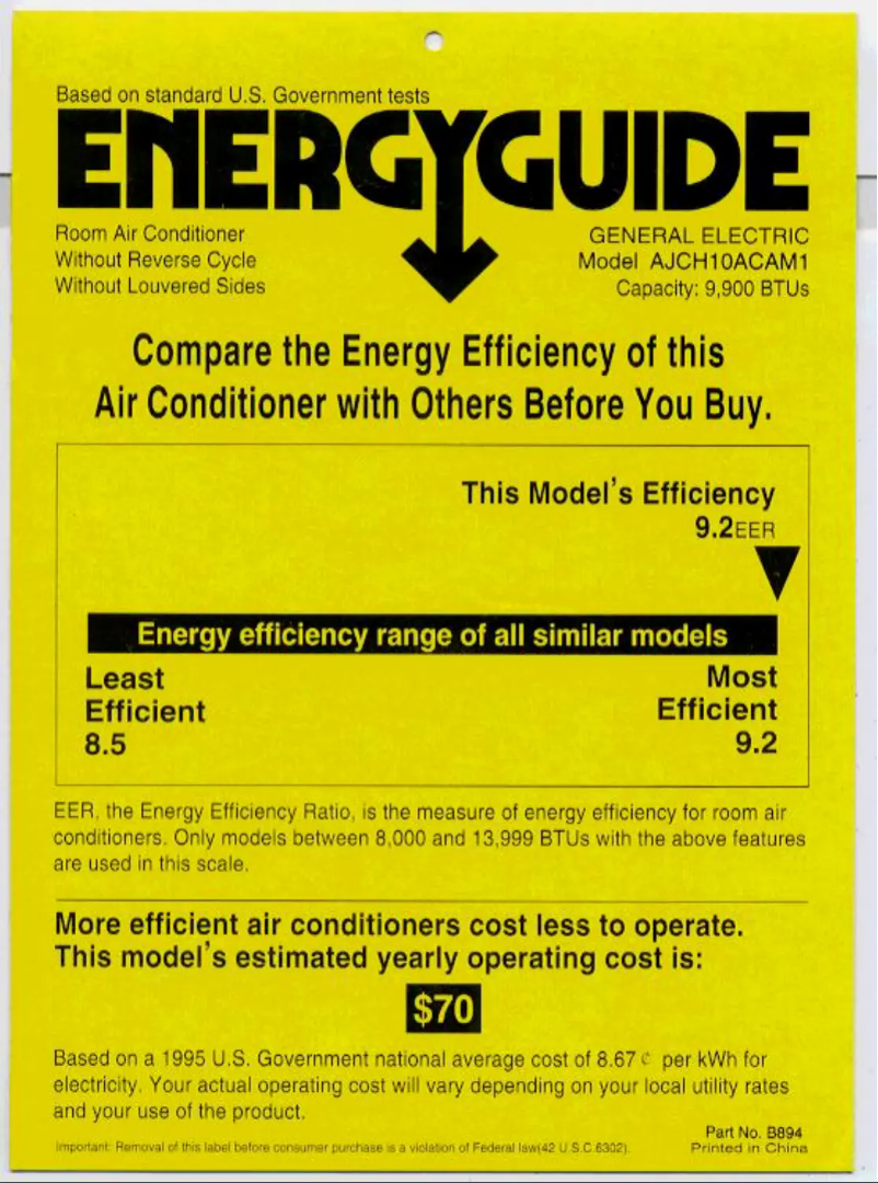 Page n°1 - Label énergétique GE AJCH10ACA