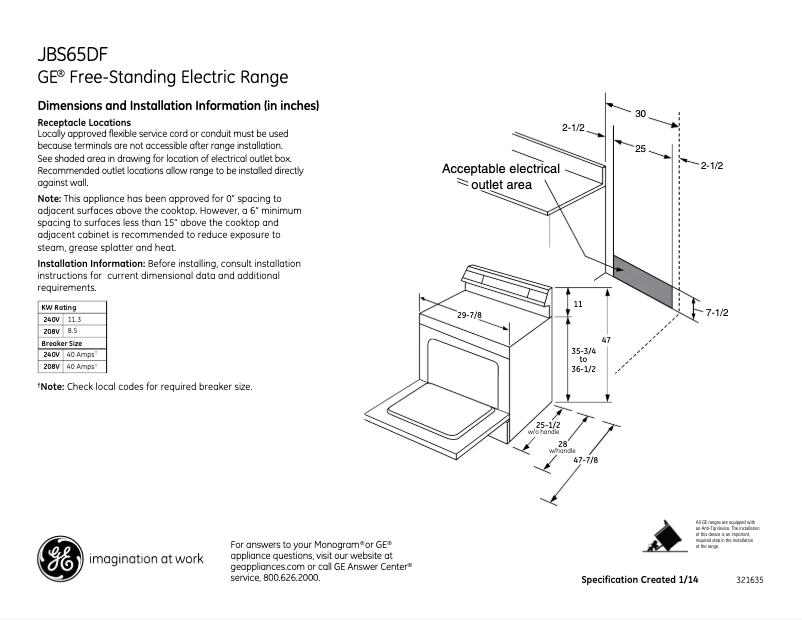 Page 1 of the manual Technical Sheet GE JBS65DFBB