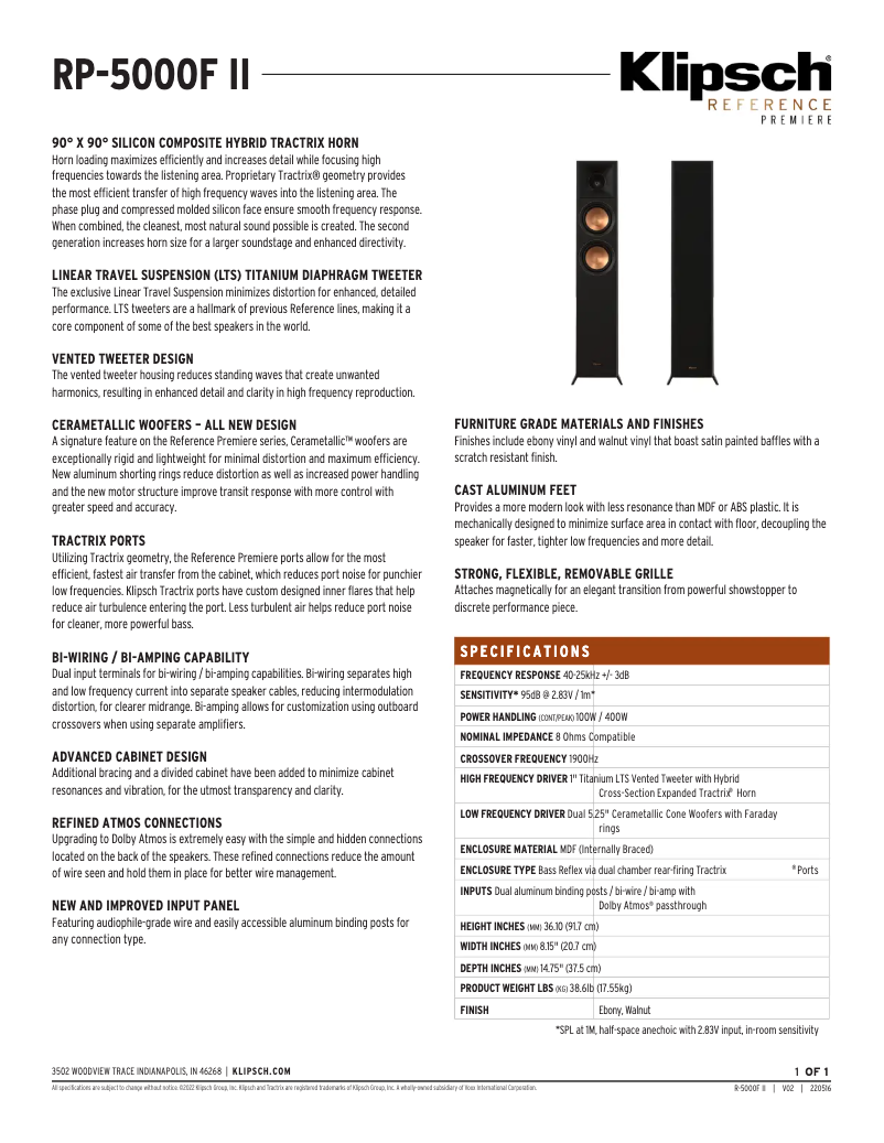 Page n°1 - Fiche technique Klipsch Reference Premiere RP-5000F II