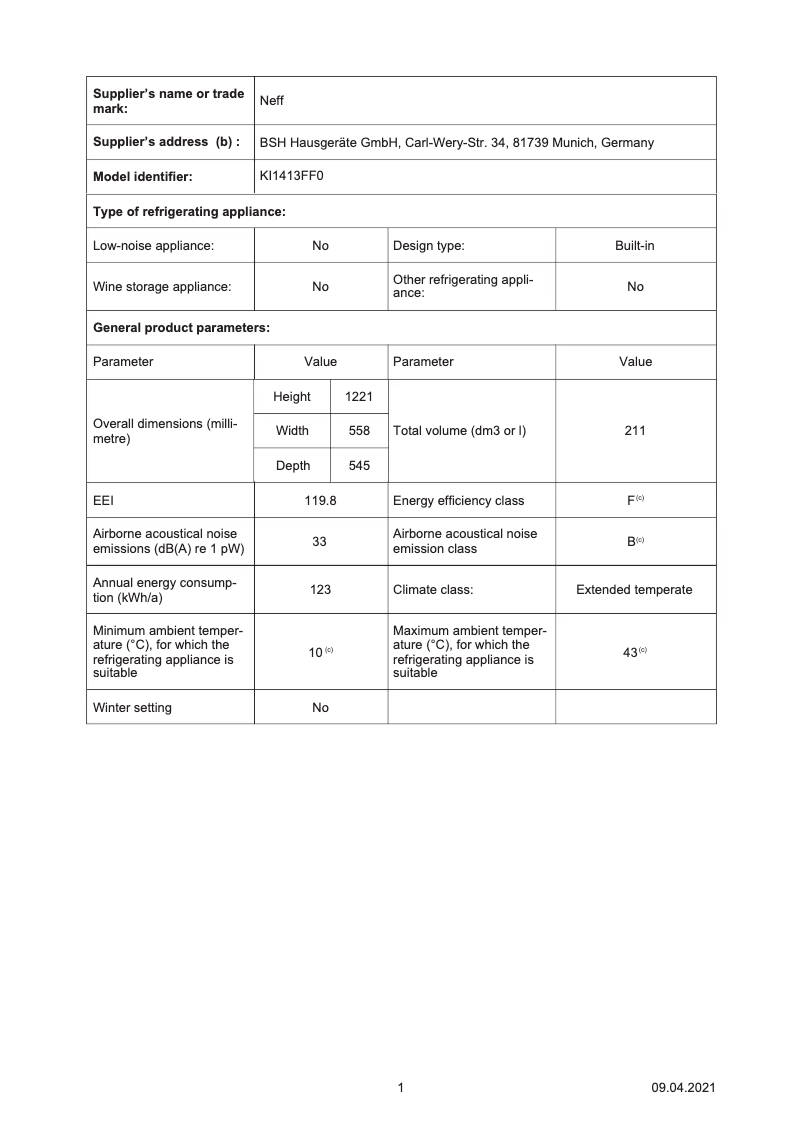Page 1 de la notice Fiche technique Neff KI1413FF0