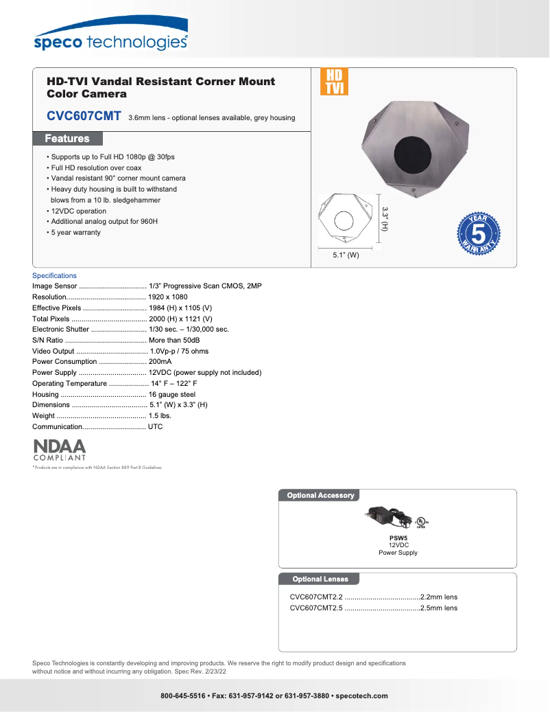 Page 1 de la notice Fiche technique Speco Technologies CVC607CMT