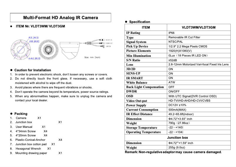 Page 1 de la notice Manuel utilisateur Speco Technologies VLDT3WM