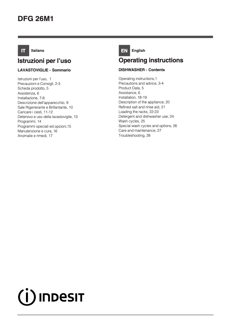 Page 1 de la notice Manuel utilisateur Indesit DFG 26M1