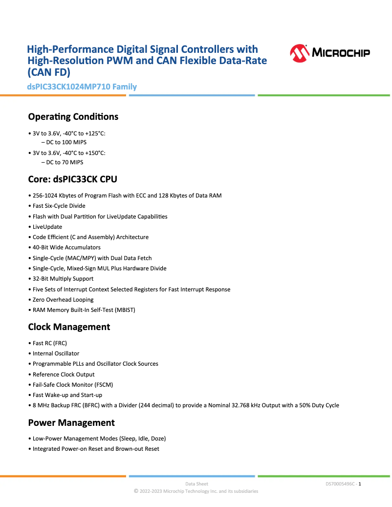 Page 1 de la notice Manuel utilisateur Microchip dsPIC33CK1024MP710