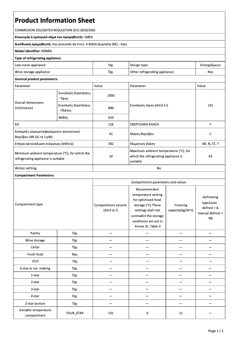 Page 1 de la notice Fiche technique Smeg RI96RSI