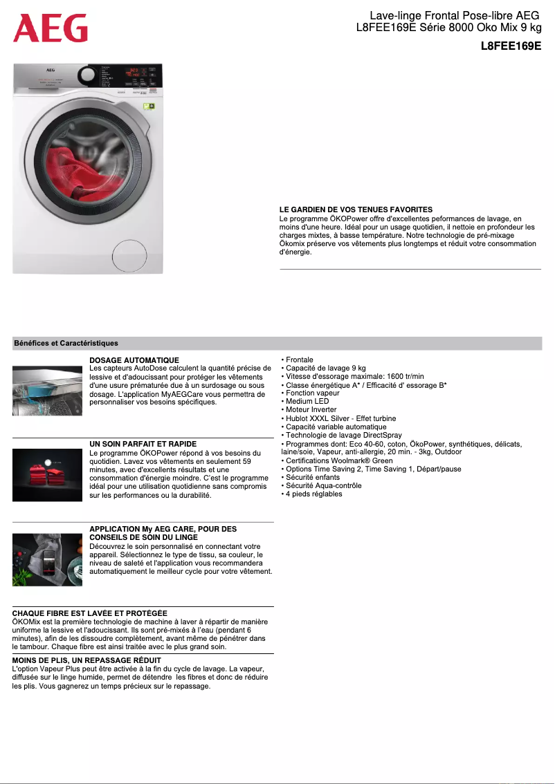Page 1 de la notice Fiche technique AEG L8FEE169E