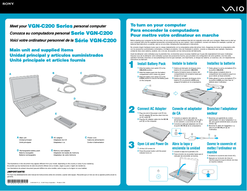 Page 1 de la notice Guide d'installation Sony Vaio VGN-C210E