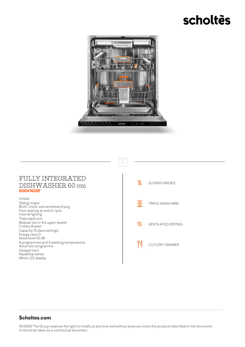 Page 1 of the manual Technical Sheet Scholtès SODV1620F