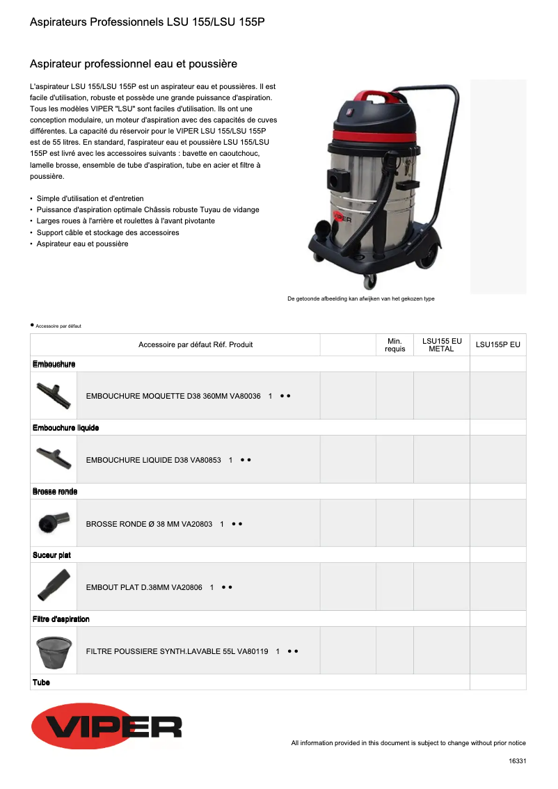 Page 1 de la notice Fiche technique Nilfisk Viper  LSU155