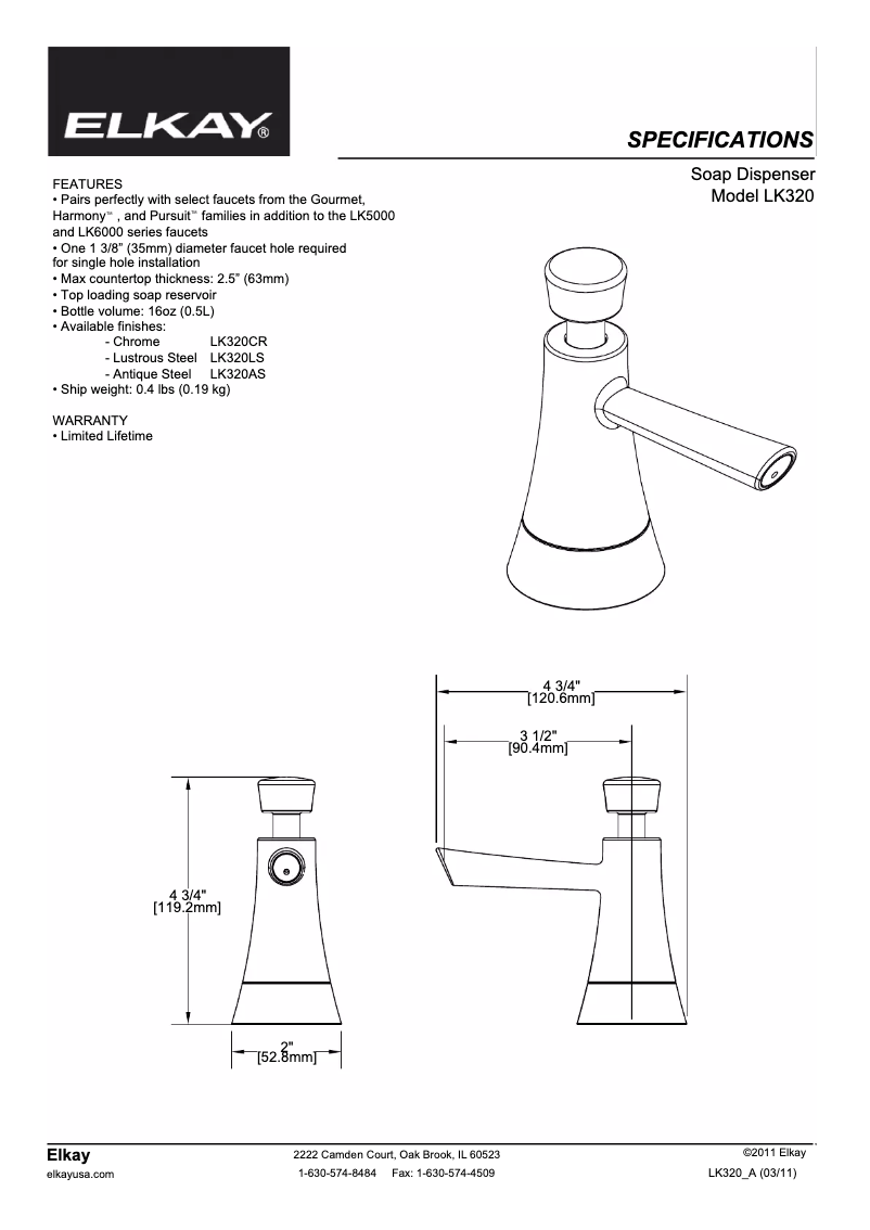 Página 1 del manual Ficha técnica Elkay LK320AS