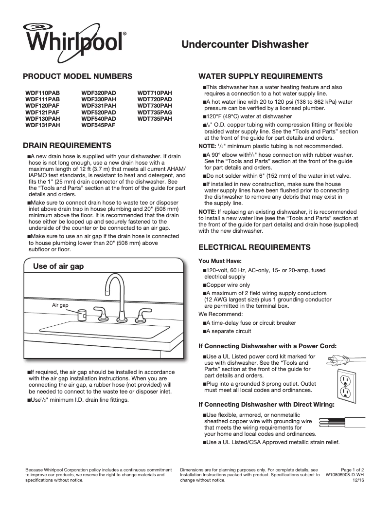 Page 1 de la notice Fiche technique Whirlpool WDF331PAH