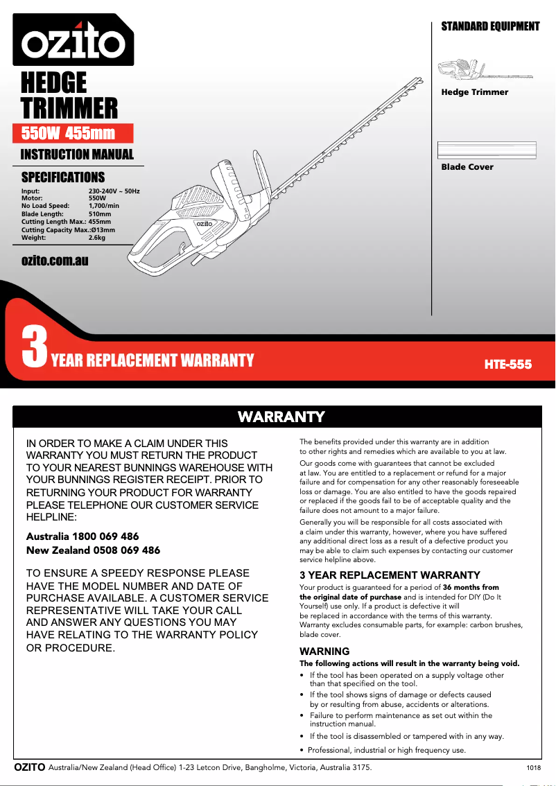 Page 1 de la notice Manuel utilisateur Ozito HTE-555