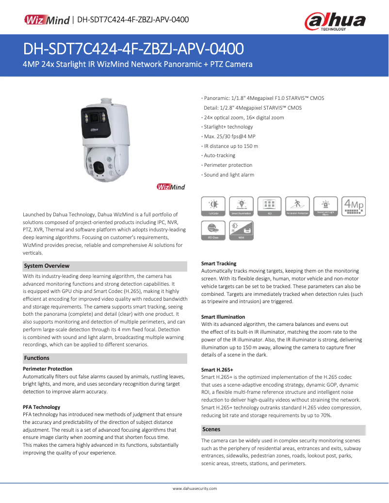 Page 1 de la notice Fiche technique Dahua Technology SDT7C424-4F-ZBZJ-APV-0400