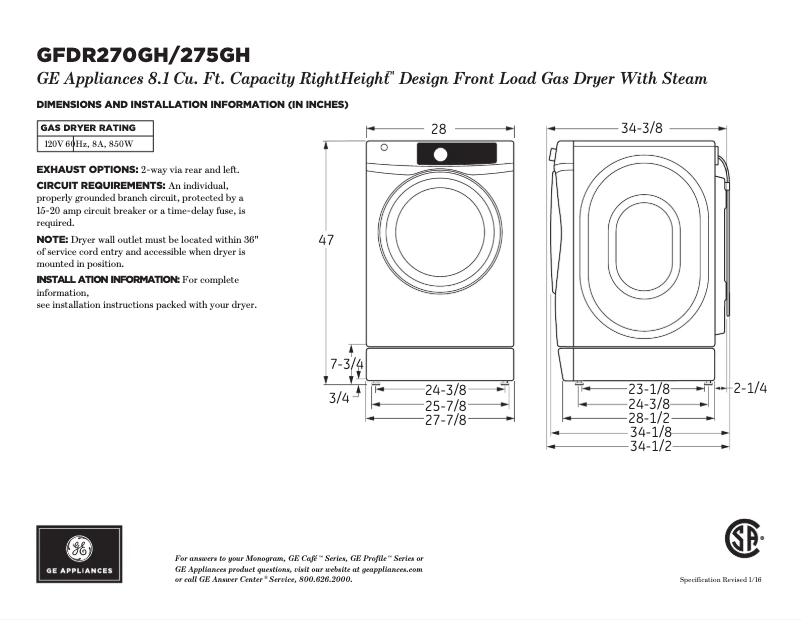 Page n°1 - Fiche technique GE GFDR270GHWW