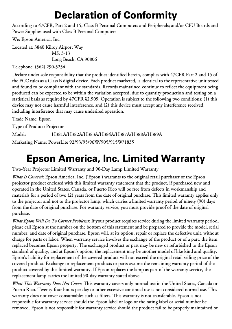 Page 1 de la notice Informations de garantie Epson PowerLite 905