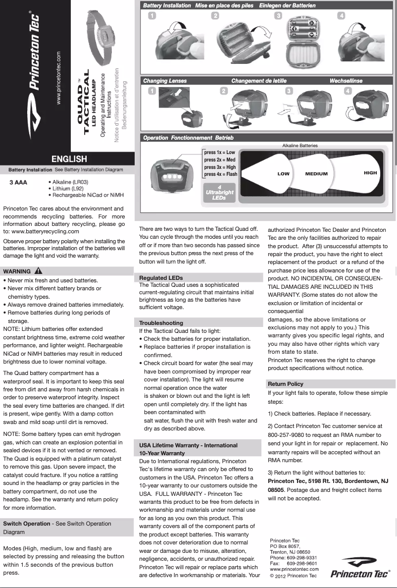 Page 1 de la notice Manuel utilisateur Princeton Tec Quad Tactical