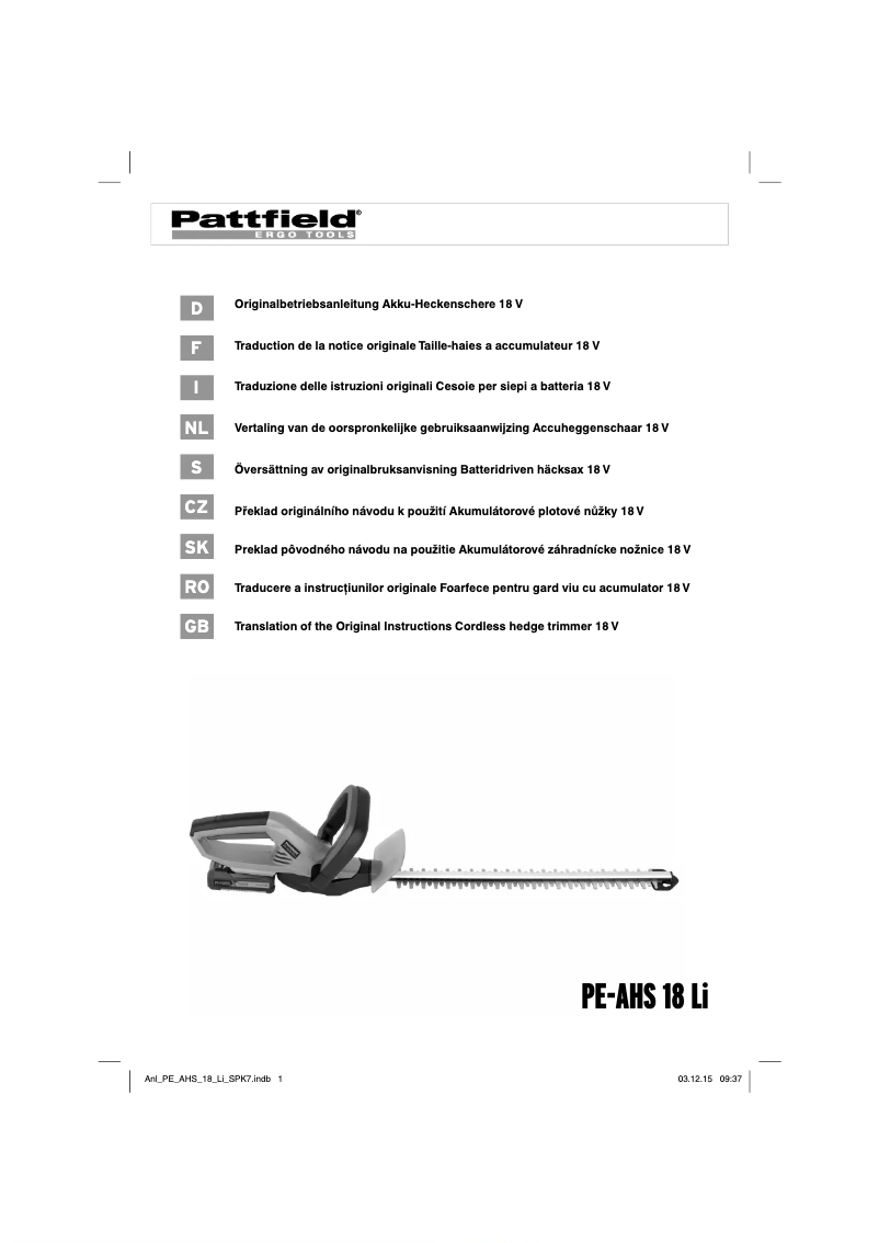 Page n°1 - Manuel utilisateur Pattfield PE-AHS 18 Li