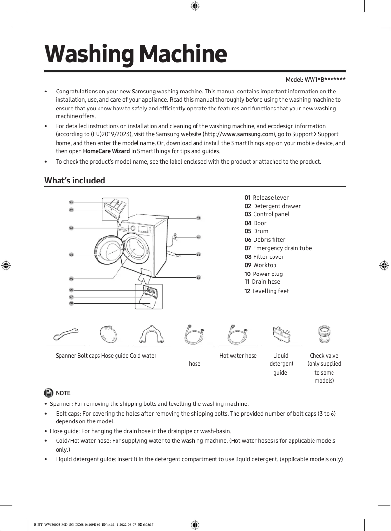 Page 1 de la notice Guide de démarrage rapide Samsung WW1NBGA047AT
