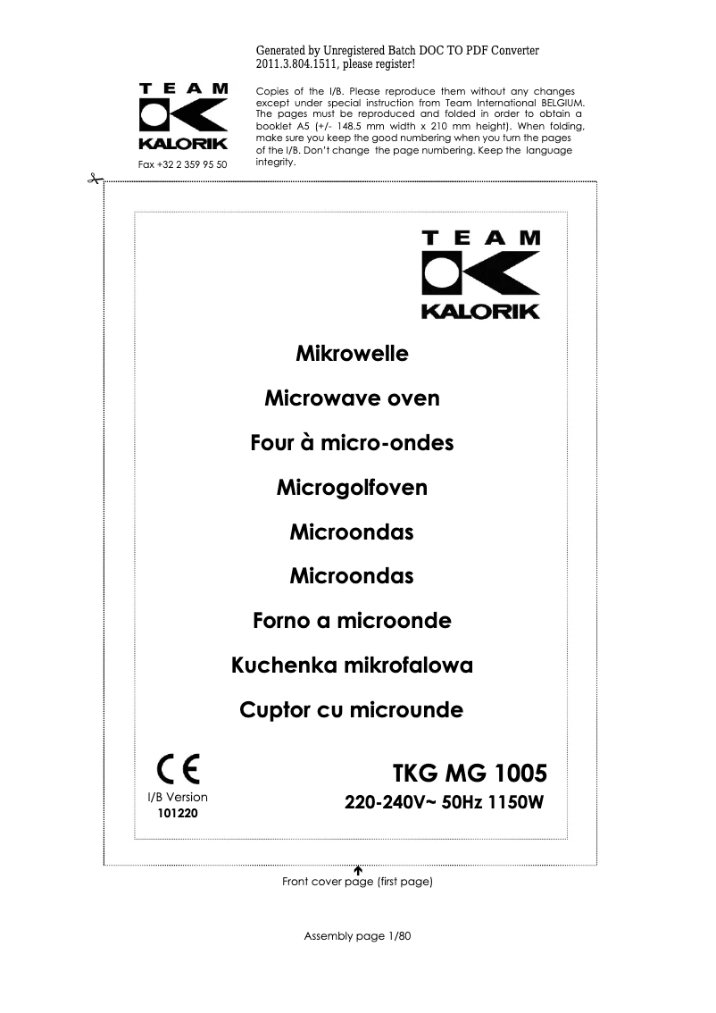 Page 1 de la notice Manuel utilisateur Kalorik TKG MG 1005