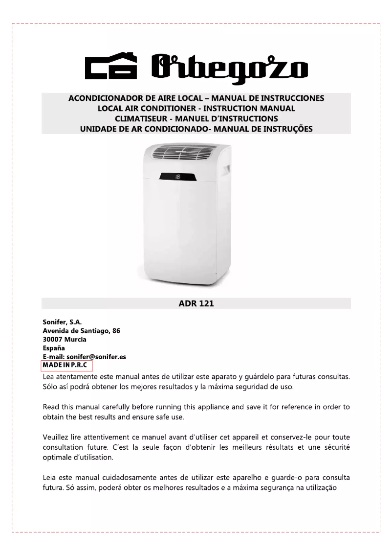 Page 1 de la notice Manuel utilisateur Orbegozo ADR121