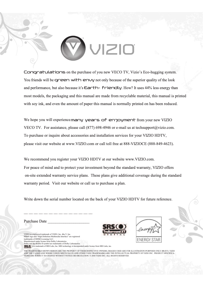 Page 1 de la notice Manuel utilisateur VIZIO VECO320L