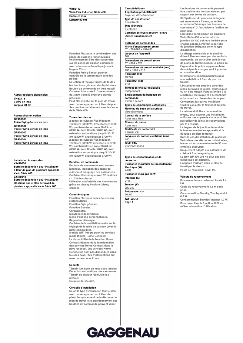 Página 1 del manual Ficha técnica Gaggenau VI482113