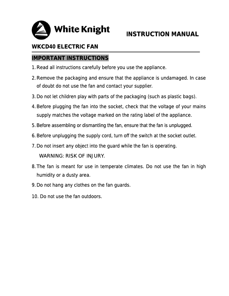 Page 1 de la notice Manuel utilisateur White Knight WKCD40